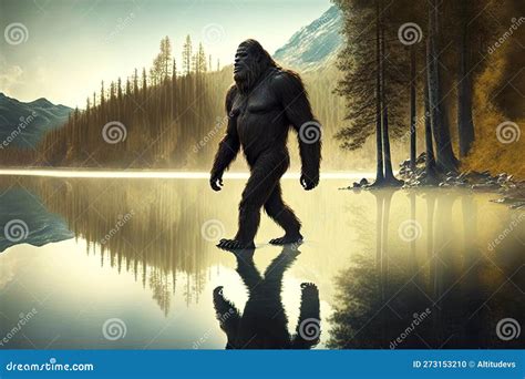 Huge Bigfoot Walks Widely on River and Waves Its Big Paws Stock ...