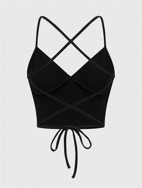 ROMWE Grunge Punk Sexy Solid Color Backless Cross Strappy V-Neck Crop ...