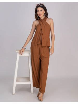 Buy Moomaya Women Brown Halter Neck Solid Regular Fit Co-Ord (Set of 2 ...