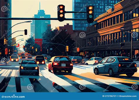 City Street Intersection during Rush Hour, with Traffic Moving Slowly ...