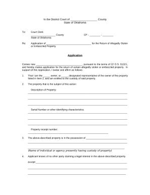Oklahoma Stolen Property Return Application - Blank Fillable Template ...