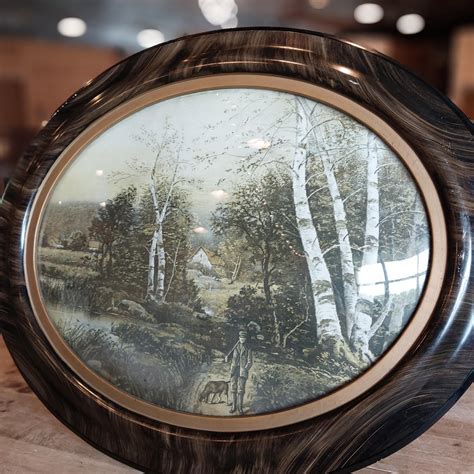 Antique Bubble Glass Frame With Picture Depicting Hunter, Hunting Dog ...