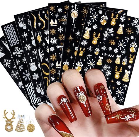 8 Sheets Christmas Nail Art Stickers Decals Self-Adhesive Gold Bling ...