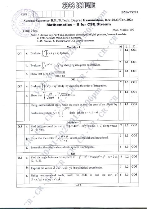 VTU Jan-Feb 2024 Question Paper: BMATS201 Mathematics II for CSE - Studocu