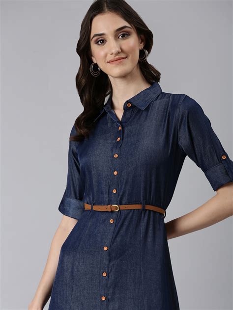 SHOWOFFFF Women's Shirt Collar Solid Shirt Navy Blue Knee Length Dress