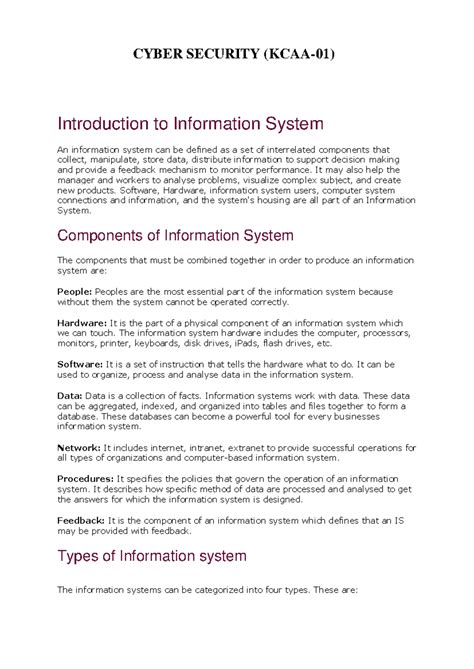 Information System-Unit 1 & 2 - CYBER SECURITY (KCAA-01) Introduction ...