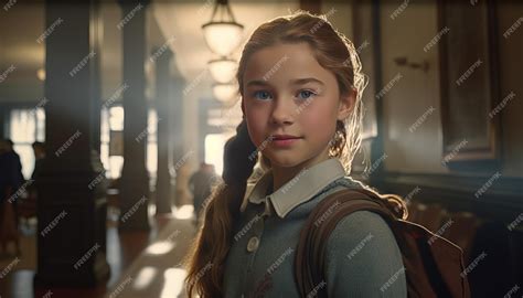 Premium Photo | Smiling schoolgirl in hallway filled with awe