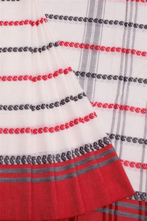 White Handloom Dhaniakhali Cotton Saree|Avishya.com