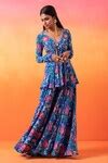 Buy Blue Crepe, Satin Embroidery V-neck Floral Print Tunic With Sharara ...