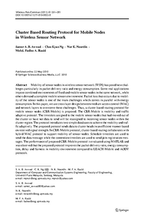 Cluster Based Routing Protocol for Mobile Nodes in WSN (2011) - Studocu
