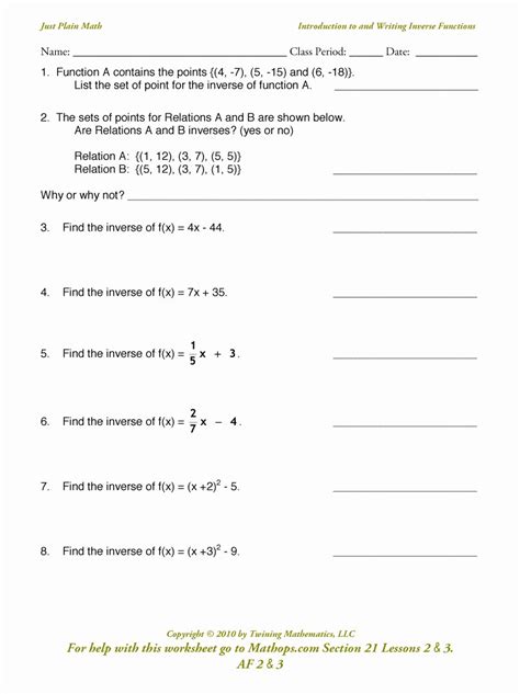 Image result for Simple Inverse Functions Worksheet