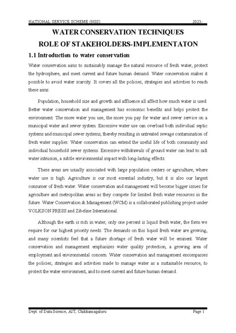 Report on Water Conservation Techniques and Stakeholders - Studocu