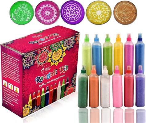 CraftVatika Rangoli Making Tools Kit Set of 10 Rangoli Rang Colors ...