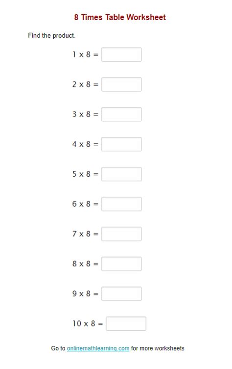 8 Times Table Worksheet 的图像结果