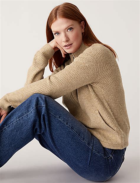 Buy Ribbed Funnel Neck Zip Up Cardigan at Marks & Spencer