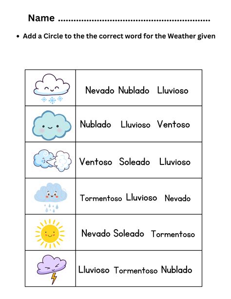 Hoja de trabajo sobre el clima en español