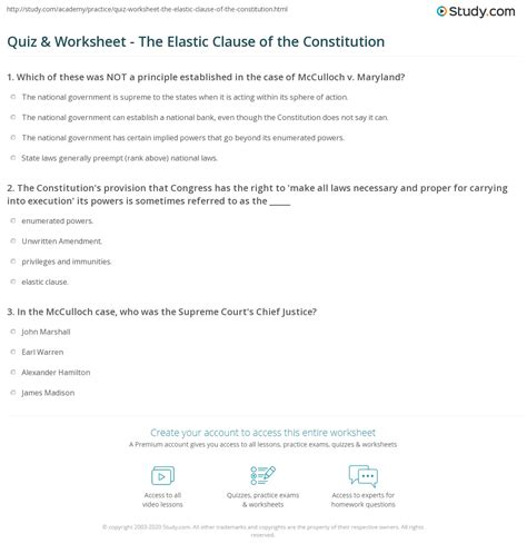 Quiz & Worksheet - The Elastic Clause of the Constitution | Study.com