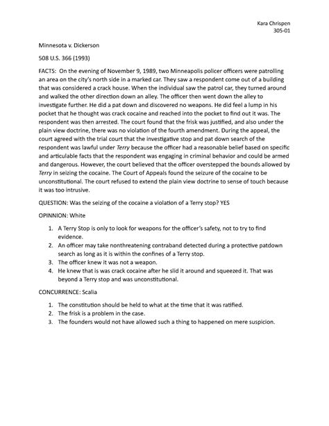 Minnesota v dickerson - case brief - Kara Chrispen 305- Minnesota v ...