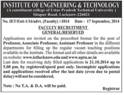 IET Lucknow Recruitment 2014 Faculty Vacancies