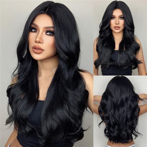 MISS LIRENN® Black Color Long Curly and Wavy Hair Wig, Centre Parting ...