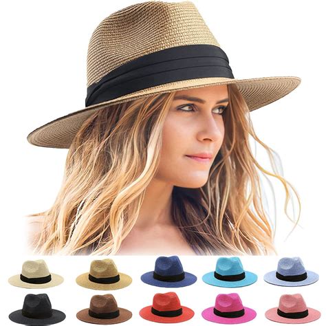 Dalrosia Womens Mens Wide Brim Straw Panama Hat Fedora Summer Beach Sun ...