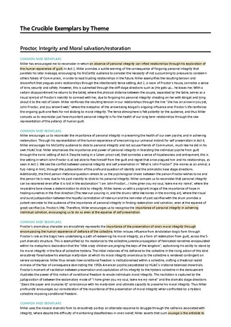 The Crucible 19_20 Essay: Exemplars of Moral Integrity by Theme - Studocu