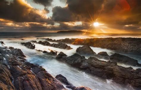 Download wallpaper sea, the sky, the sun, nature, glare, stones, rocks ...