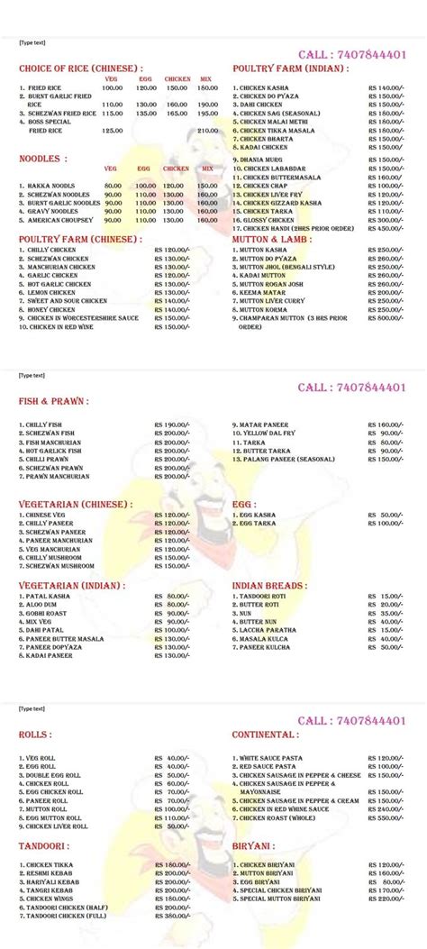 Menu at Boss, Durgapur