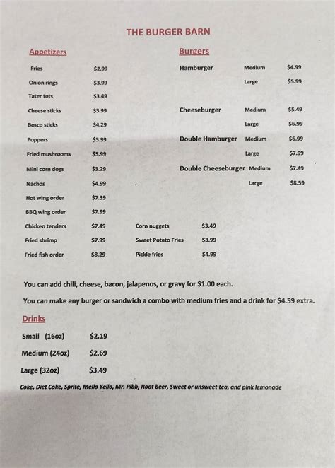 Menu at Burger Barn, Sebastopol