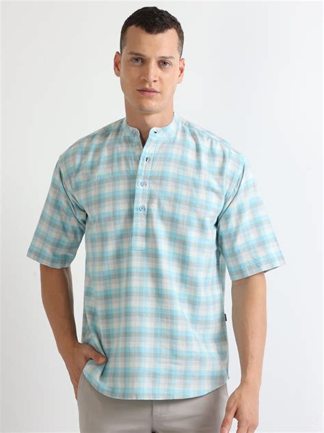 Buy blue Chinese collar men checked shirt