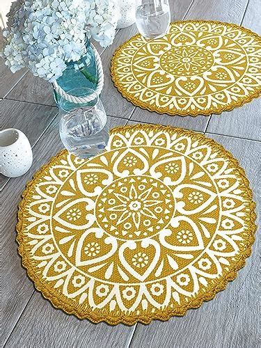 Buy SARAL HOME EASY LIVING White Jute & Cotton Printed Round Table Mat ...