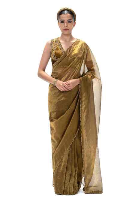 Buy Gold Tissue, Silk Embroidery, Mrunal Handwoven Saree And Unstitched ...