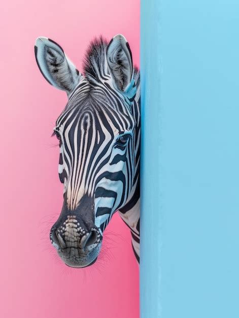 A zebra is looking at the camera through a blue wall | Premium AI ...