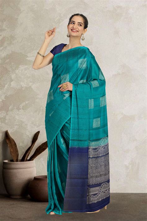 Peacock Blue Handloom Kanjivaram Soft Silk Saree | Avishya.com