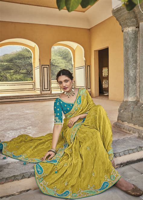 Lemon Designer Traditional Saree with Pure Viscose Fabric and Hand Wor ...