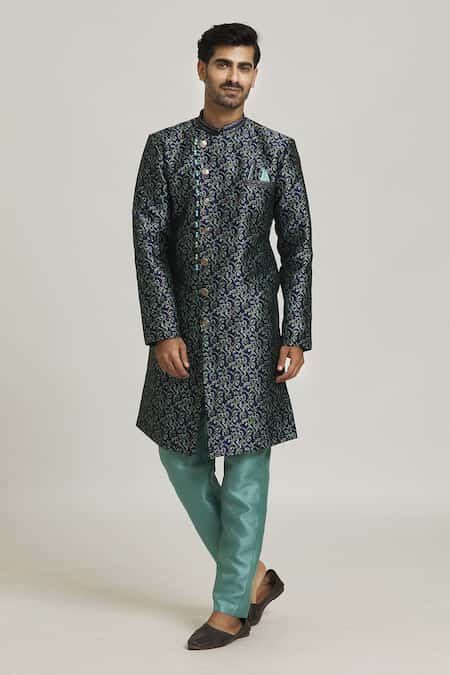 Buy Blue Brocade, Silk Embroidery Swirl Pattern Woven Sherwani With ...