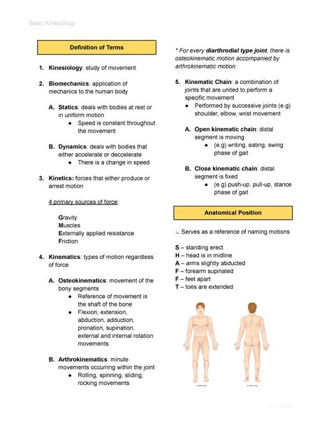 Basic Kinesiology - Definition of Terms 1. Kinesiology : study of movement 2. Biomechanics ...