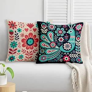 Buy STITCHNEST Folk Art Satin Cushion Covers Peacock & Botanical Motif ...