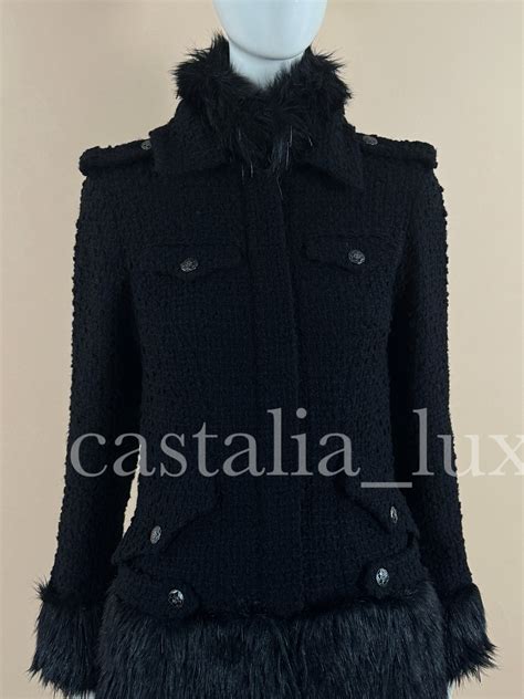 Chanel Jewel Embellishment Black Tweed Coat with Faux Fur Details For ...