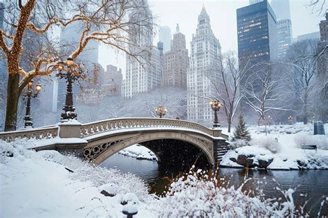 Premium AI Image | Central park winter with skyscrapers and bridge in ...