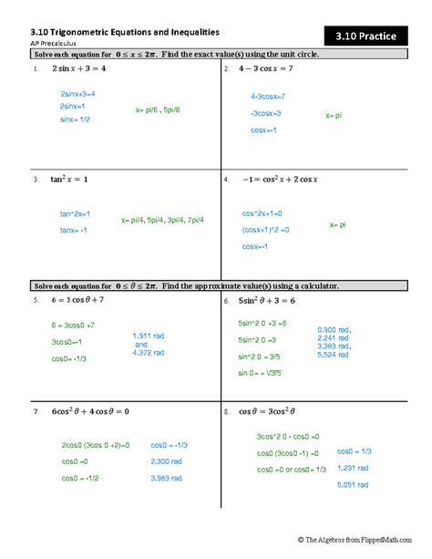 AP Precalculus Worksheet: Trigonometric Equations & Inequalities - Studocu