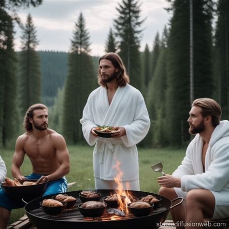 russian style jesus grilling and sauna in nature jesus is wearing ...