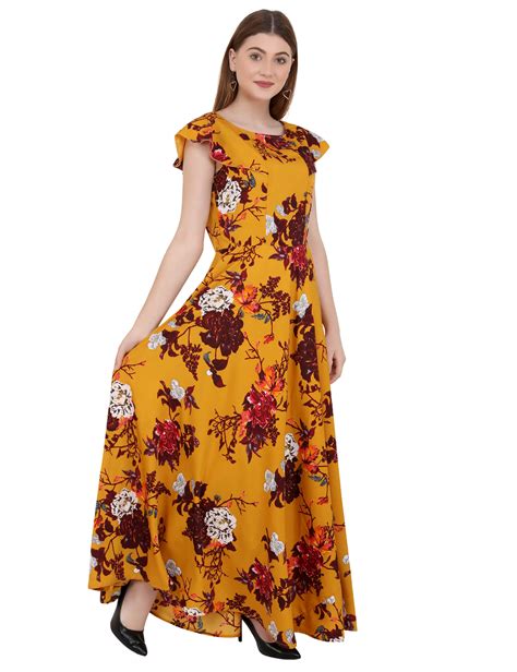 Emeros Frilled Stylized Back, Boat Neck Ochre Maxi Dress/Gown