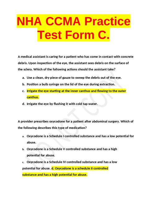 NHA CCMA Practice Test Form C. | Exams Nursing | Docsity