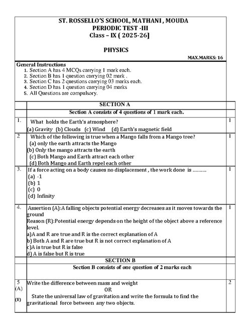 PT-III (2025-26) Physics Class IX Periodic Test Paper - Studocu