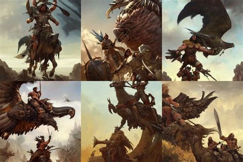 The large birds of war, barbarian muscular men riding | Stable Diffusion