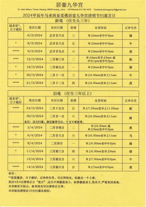 2024年清明节扫墓吉日表（来自居銮九华宫）