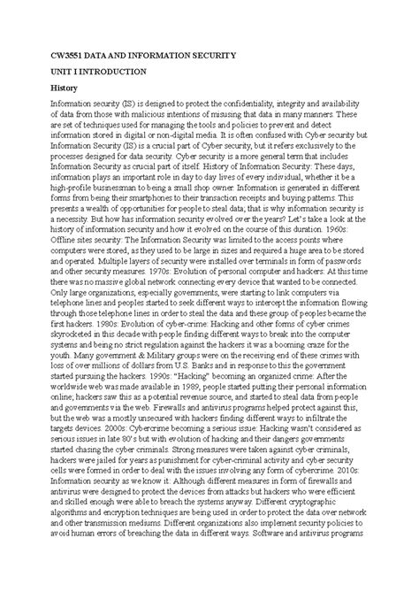 CW3551 DATA AND INFORMATION SECURITY UNIT I: Historical Overview and ...