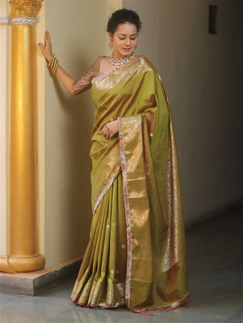 Banarasee Handwoven Semi Silk Saree With Zari Buti Design-Olive Green