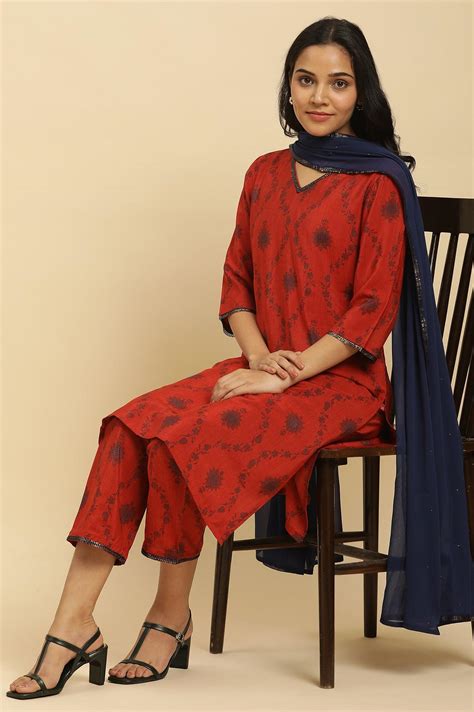 Buy Red Sequined Printed Kurta, Pants And Dupatta Set @ 3999 | W for ...
